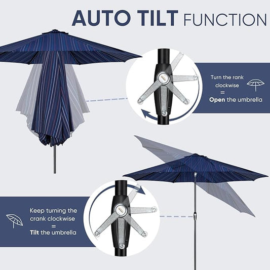 Tempera Patio Market Outdoor Table Umbrella with Auto Tilt and Crank, Large Sun Umbrella with Sturdy Pole & Fade Resistant Canopy, Easy to Set