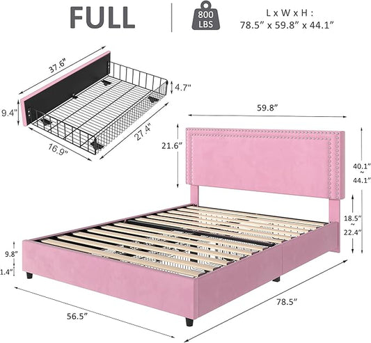 VECELO Full Size Upholstered Platform Bed Frame with 4 Storage Drawers, Adjustable Velvet Rivet Decor Headboard, Wooden Slats Support, No Box Spring Needed, Easy Assembly