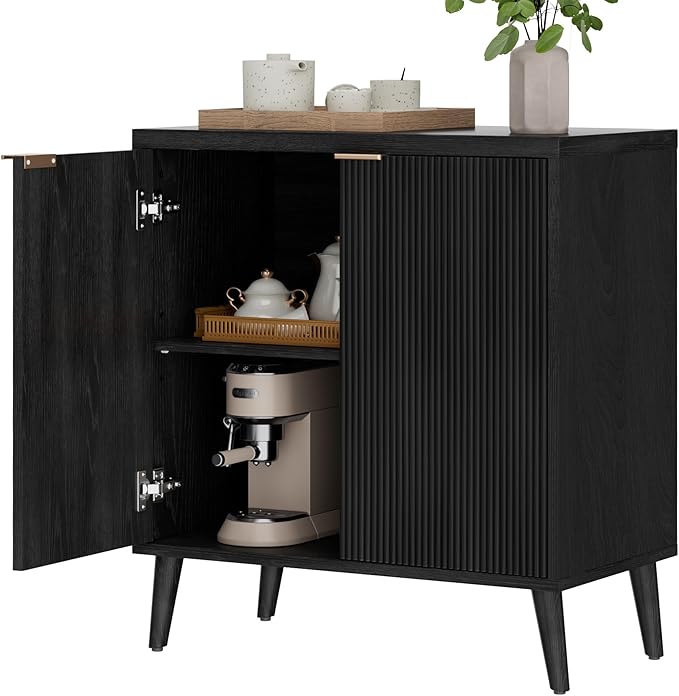 Buffet Cabinet with Storage, Modern Fluted Accent Sideboard with Doors & Adjustable Shelves, Buffet Table Entryway Cabinets for Living Room, Kitchen, Dining Room, Hallway, Black