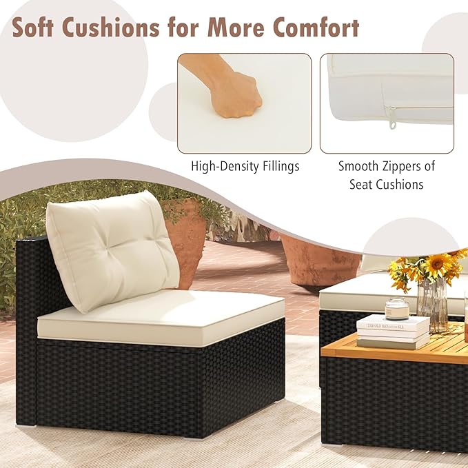 Tangkula 5 Piece Rattan Sofa Set, Patiojoy Outdoor Wicker Furniture Set with Seat & Back Cushions, Square Coffee Table, Patio Sectional Sofa Set for Backyard, Poolside, Garden