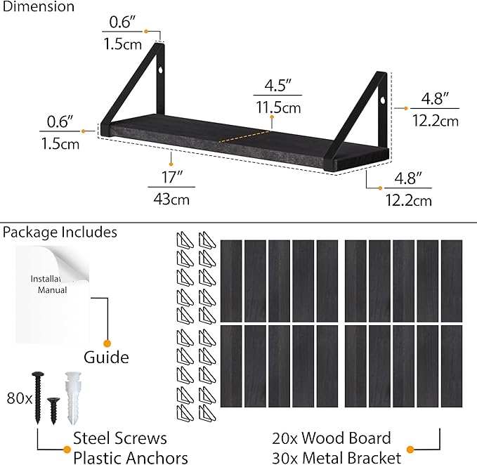 Wallniture Ponza 17'' x 4.5'' Floating Wall Shelf Bathroom, Small Wood Book Shelves for Wall Storage, Wall Mounted Shelf, Dining Room, Bedroom, Living Room, Office & Kitchen Organization, Black, 20pcs