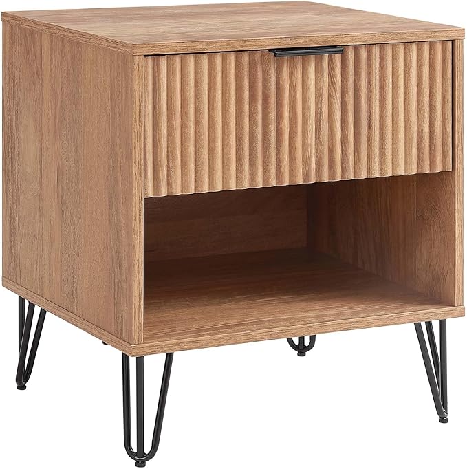 Manhattan Comfort Dumbo Fluted Nightstand with Drawer and Open Shelf, Gold Hairpin Legs and Metal Handle, Snap Tool-Free Assembly, Bedside Accent Table for Bedroom, Office, Living Room in Golden Brown