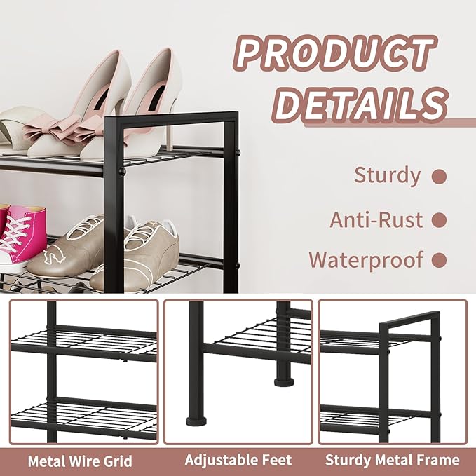 3-Tier Adjustable Shoe Rack, 26.5-Inch Wide Metal Storage Organizer for Closet Entryway, Heavy-Duty Stand for Shoes, Books, or Plants - Easy Assembly (Black)