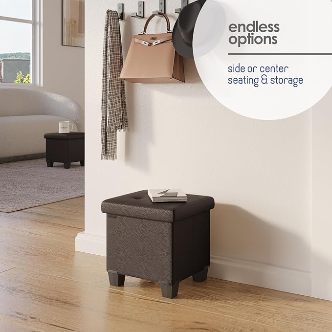 Storage Ottoman Cube with Small Bin, 15-in Square Ottoman with Storage for Living Room and Bedroom, Small Ottomans Foot Rest, Faux Leather Foot Stools Ottomans Max 330lbs, Brown