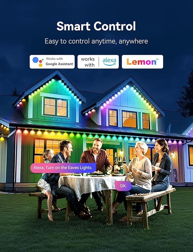 Permanent Outdoor Lights for House, RGB+IC IP67 Waterproof Smart Eave Lights 150ft with 108 LED, Eternity Lighting for Holiday Daily Decor, Work with Remote, APP