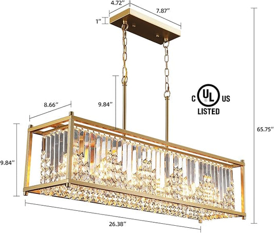 Q&S Modern Rectangular Crystal Chandelier,Gold Rectangle Chandeliers for Dining Room Luxury 6 Lights for Kitchen Island Bar Living Room Pool Table Hotel Office Restaurant L37.5 UL Listed
