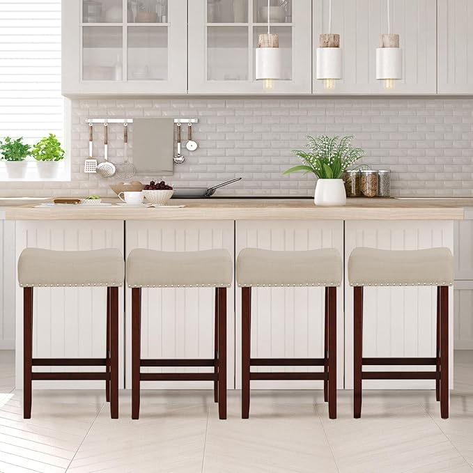 ERGOMASTER Bar Stools, 29 Inch Modern Saddle Stools, Rubber Wood, Khaki/Brown, Set of 4