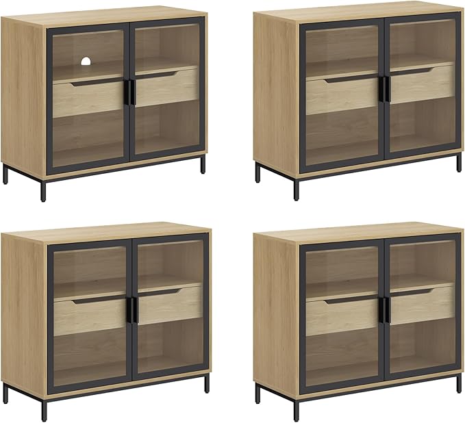 Nathan James Mackenna Metal and Glass Sideboard Accent Cabinet with Two Doors, Oak Credenza for Kitchen or Living Room Set of 4