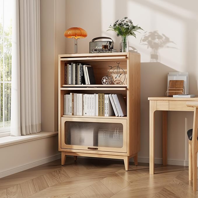 AQIMUELE Solid Wood Bookcase with Glass Doors, 3 Shelf Bookshelves and Bookcases, Mid Century Modern Bookshelf with Glass Doors, Kitchen Pantry Cabinet (Natural, 31.5" W)