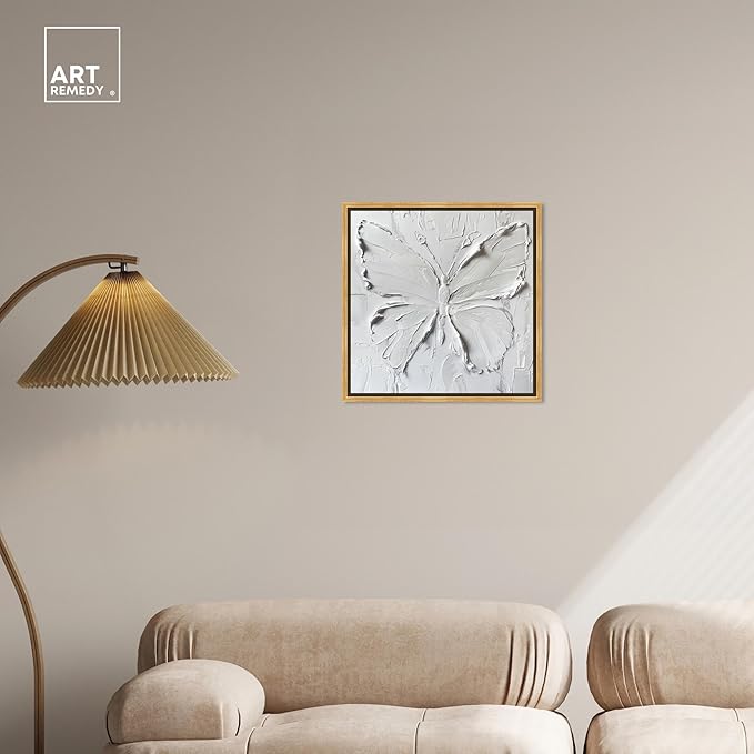 Art Remedy White Butterfly Canvas Elegant White Gold Wall Art, Gold Frame, 20" x 20"