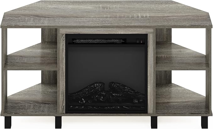 Furinno Jensen Corner Fireplace TV Stand with 4 Open Compartments for TV up to 55 Inches, French Oak Grey