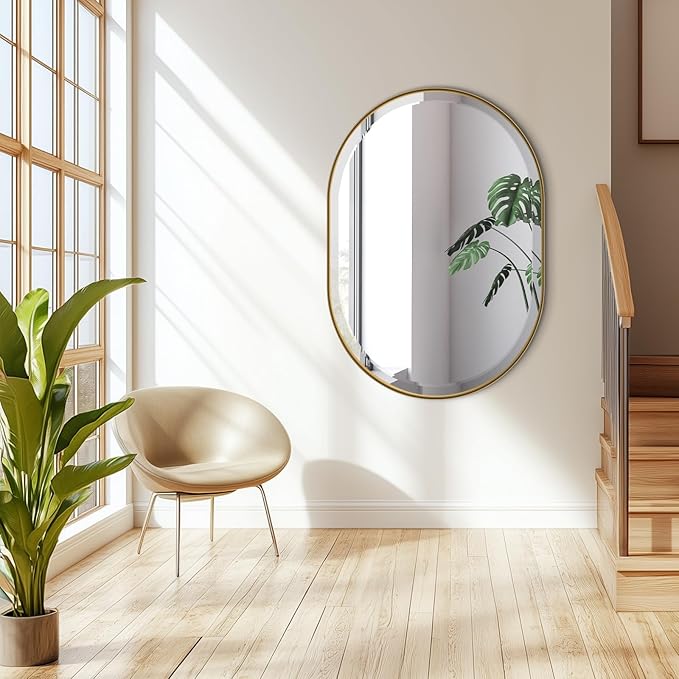 POZINO Modern Oval Beveled Mirror, 22"x30" Brushed Gold Bathroom Vanity Mirror Over Sink, Pill Shaped Capsule Wall Mounted Mirrors for Living Room Bedroom Entryway, Hangs Vertically or Horizontally