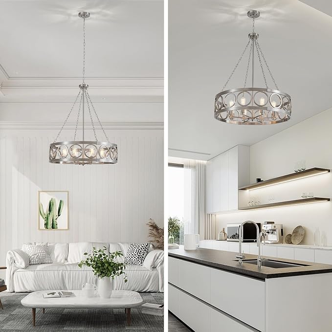XINGQI 32.3" Large Drum Chandelier Modern Brushed Nickel 8-Light Rustic Farmhouse Round Pendant Lighting Fixture for Dining Room Living Room Office Kitchen Island