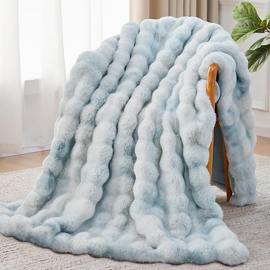 Faux Fur Throw Blanket, 1000GSM Fluffy Soft Bubble Blanket for Couch Bed, Cozy Plush Warm and Thick Rabbit Blanket for Living Room Bedroom 60''*80'' Tie-dye Blue