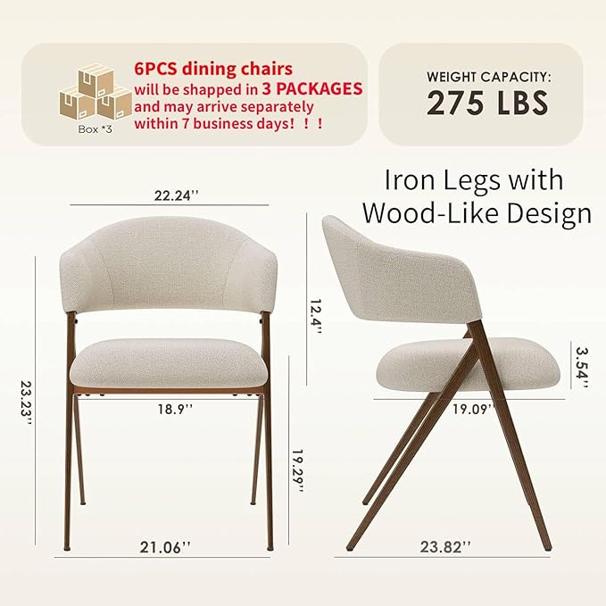 COLAMY Dining Chairs Set of 6, Modern Fabric Upholstered Dining Room Kitchen Side Chairs with Iron Legs, Open Back and Padded Seat for Living Room/Restaurant/Cafe, Beige