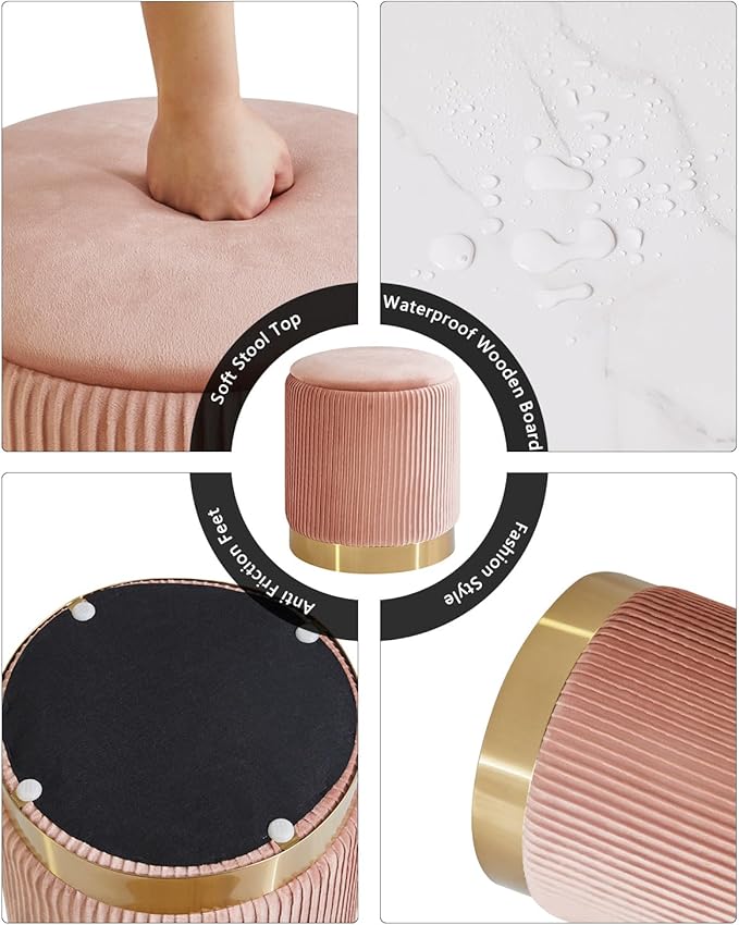 IBUYKE Round Storage Ottoman Set of 2 Ottoman for Dorm Vanity Stool with Storage Velvet FootStools End Table Boucle Ottoman for Home Organization Pink UWBD016P