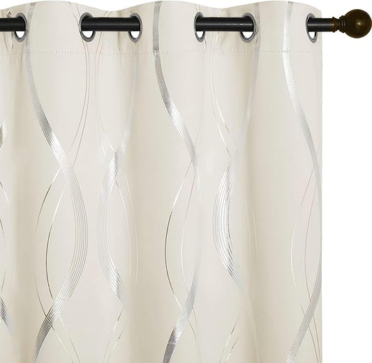 NICETOWN Beige Cafe Curtains Small Blackout Panels, 34 x 63 Window Treatment Thermal Insulated Solid Grommet Room Darkening Wave Line Foil Print Design Drapes for Kitchen and Loft (Set of 2)