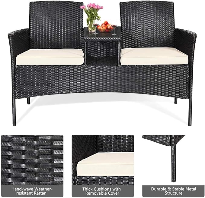 HAPPYGRILL Rattan Wicker Loveseat with Coffee Table Outdoor Patio Loveseat Conversation Sofa Furniture with Cushions for Garden Lawn Backyard Porch