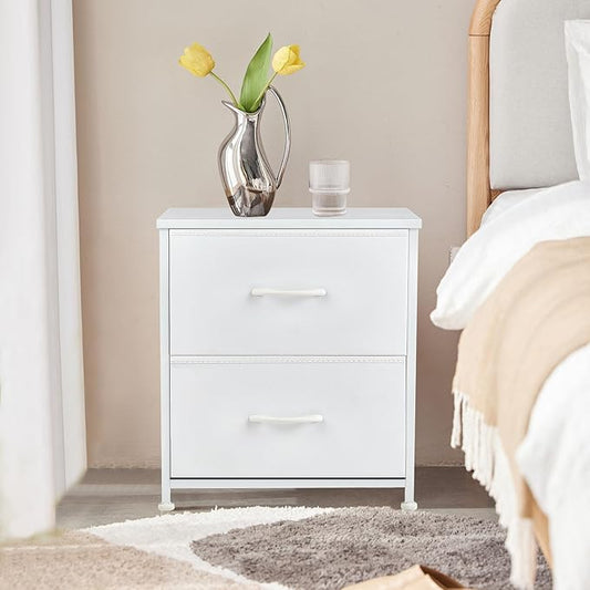 NEWBULIG Nightstand Small Dresser with 2 Fabric Drawers 25 Inch Tall Bedside Table Storage Furniture for Bedroom Closet Entryway College Dorm White