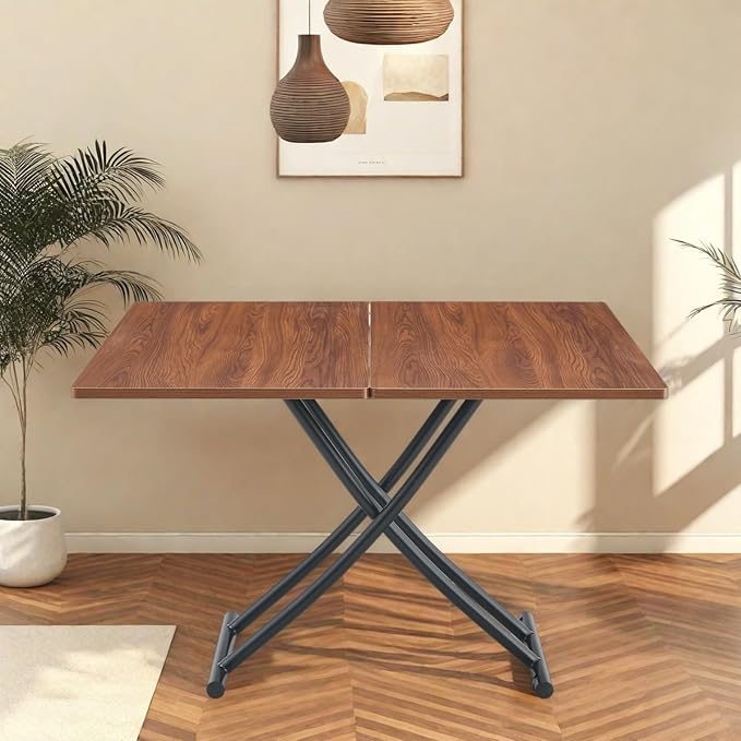 Coffee Table, Rectangle Dining Tables with Adjustable Height, Modern Multifunctional Lift Table with Wooden Surface for Living Room, Apartment, Office, Kitchen or Dining, Black Dark Walnut