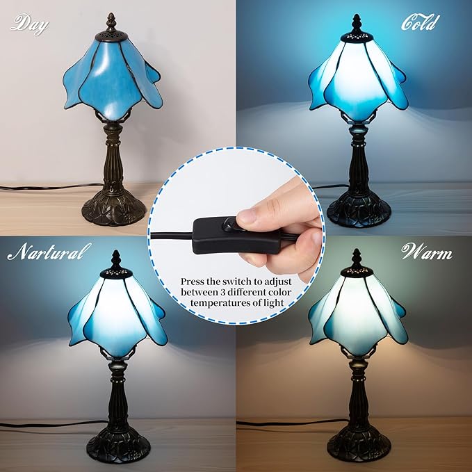 Tiffany Table Lamp,3 Color-Temperature Flowers Stained Glass Lamp,8 Inch Tiffany Style Lamp for Bedroom Living Room Home, Handcrafted Light, Included Bulb (Blue)