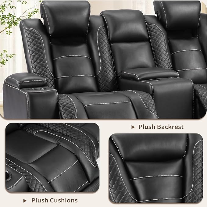 ANJ Power Reclining Loveseat with Center Console, 2-Seater Electric Recliner Sofa with LED Lights & USB & Storage, Faux Leather Living Room Furniture for Home Theater, Small Spaces & RV (Black)