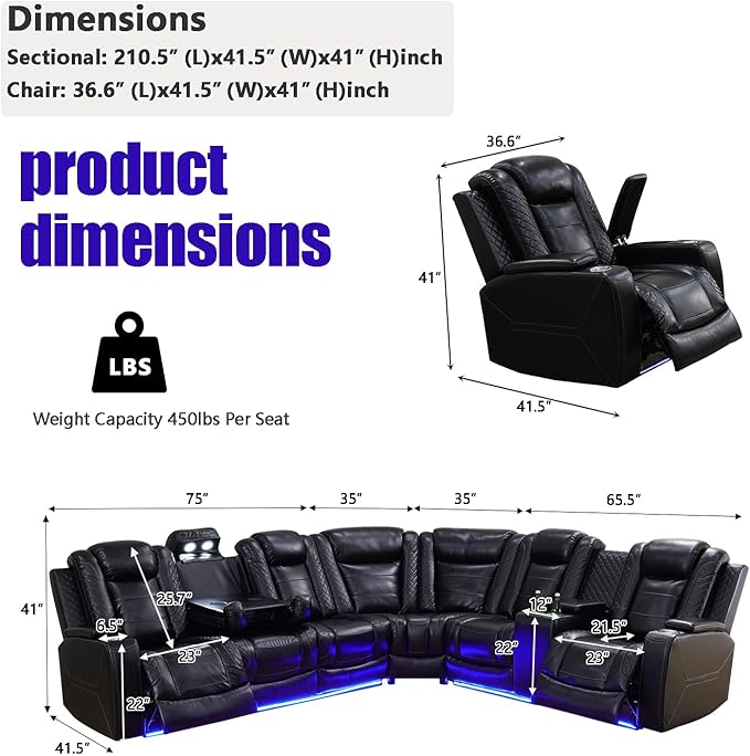 A Ainehome Living Room Furniture Power Recliner Sectional Sofa Set, Power Reclining Sectional Couch, Adjustable Sofa, Loveseat and Chair with USB Chargers/Storage Console for Living Room(B-Black)