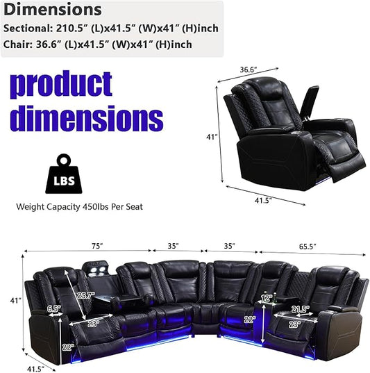 A Ainehome Living Room Furniture Power Recliner Sectional Sofa Set, Power Reclining Sectional Couch, Adjustable Sofa, Loveseat and Chair with USB Chargers/Storage Console for Living Room(B-Black)