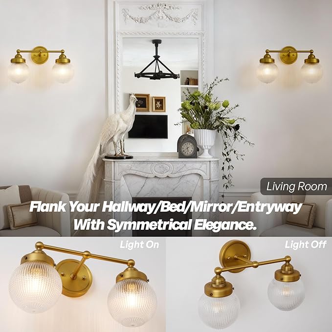 Vintage Double Arm Brass Wall Sconce Lighting, Clear Ribbed Glass 2-Lights Bathroom Vanity Light Fixture for Dining Room Bedroom Living Room Corridor