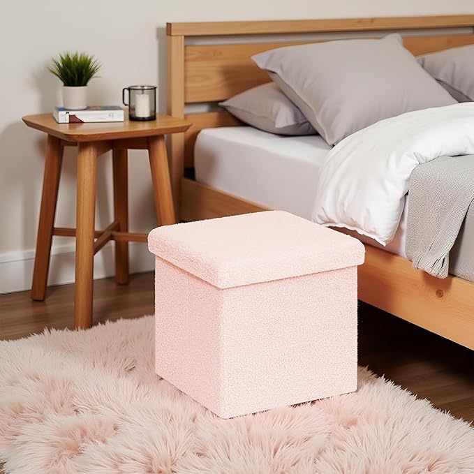 15in Small Storage Ottoman Foldable Sherpa Top Storage Bench,Foot Rest/Step Stool for Bedroom Dorm Entryway, Space Saving for Small Spaces-Pink