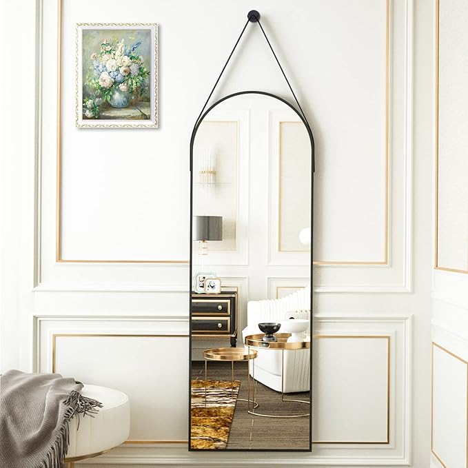 HARRITPURE 16"x48"Arched Mirror with Hanging Leather Strap Full Length Mirror Aluminum Frame Wall-Mounted Arch Hanging Mirrors for Bathroom Vanity Living Room Bedroom Entryway Decor