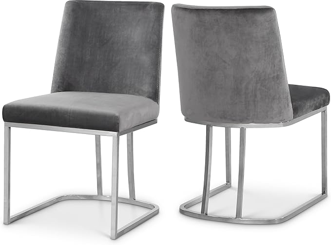 Meridian Furniture Heidi Collection Modern | Contemporary Velvet Upholstered Dining Chair with Polished Chrome Metal Frame, Set of 2, 19" W x 23" D x 32" H, Grey