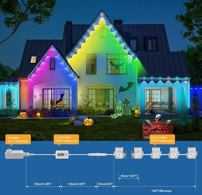 Aogled Permanent Outdoor Lights for House,100ft RGB+IC Smart Eave Lights with 60 LEDs,IP67 Waterproof,Remote/APP Control,DIY Scene Modes&Music Sync Lighting for Outdoor Christmas Decorations
