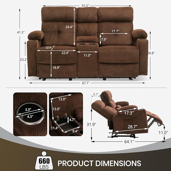 Power Reclining Loveseat with Console, Power Loveseat Recliner Sofa with Heat and Massage, Extended Footrest, Wall Hugger Recliner Loveseat with Lumbar Supports, Side Pockets for Living Room