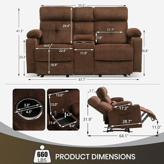 Power Reclining Loveseat with Console, Power Loveseat Recliner Sofa with Heat and Massage, Extended Footrest, Wall Hugger Recliner Loveseat with Lumbar Supports, Side Pockets for Living Room