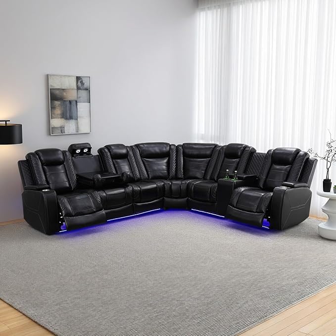 Power Leather Recliner Sectional Sofa with LED Light,L Shaped Reclining Couch with USB Charger/Cup Holder/Storage,Leather Sofa for Living Room Furniture Sets(Black Stripes,Sectional)