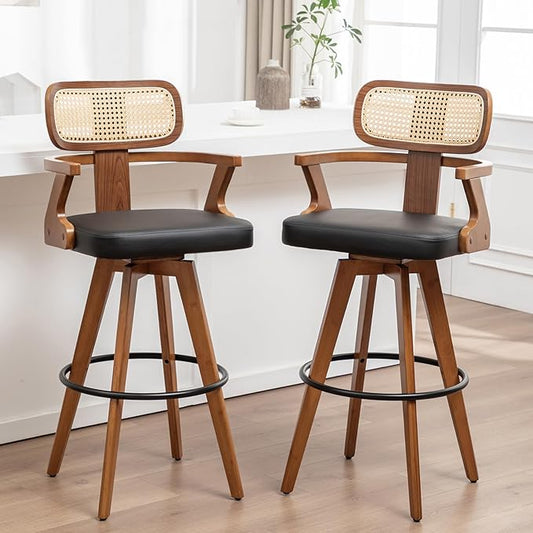 Swivel Bar Stools Set of 2 - 30 inch Mid Century Bar Stools with Walnut Craftsmanship, Curved Rattan Back, Upholstered Seat, Bar Height BarStools for Kitchen/Pub/Island/Cafe (30" Seat Height, Black)