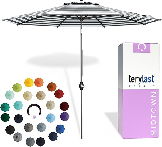 Midtown Umbrellas The Lean 8 Feet Outdoor Umbrella With Terylast Matter Stripes (Grey/White Stripes) Polyester Fabric - Auto-Tilt Aluminum Frame Patio Umbrella For Deck, Garden, Pool - Black Pole
