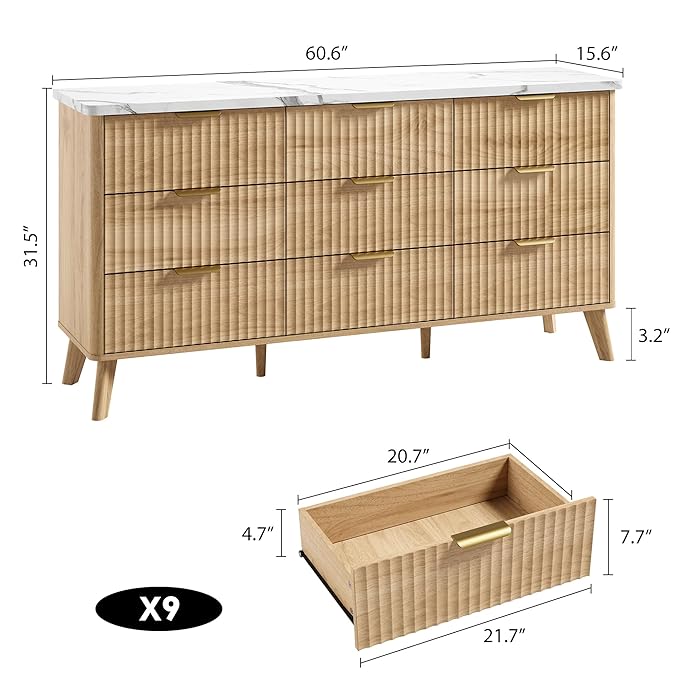 Garvee 9 Drawers Dresser for Bedroom, 60.6" Wide Dressers with Curved Profile Design, Fluted Wood Drawers with Gold Handle, Modern Chest of Dressers with Thickened Design for Living Room, Natural