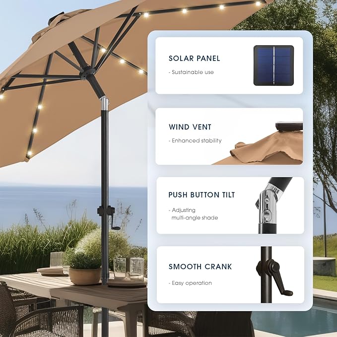 wikiwiki 10FT Solar Led Patio Umbrella with Base Included, 32 LED Lights, 8 Sturdy Ribs, Fade Resistant Waterproof POLYESTER DTY Canopy for Garden, Lawn, Deck, Backyard & Pool, Tan