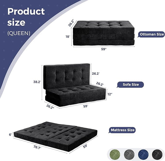 MAXYOYO Tri-Fold Mattress, 6 Inch Tufted Folding Mattress with Chenille Fabric, Portable Queen Size Floor Guest Mat for Adults, Foldable Topper for Camping, Black