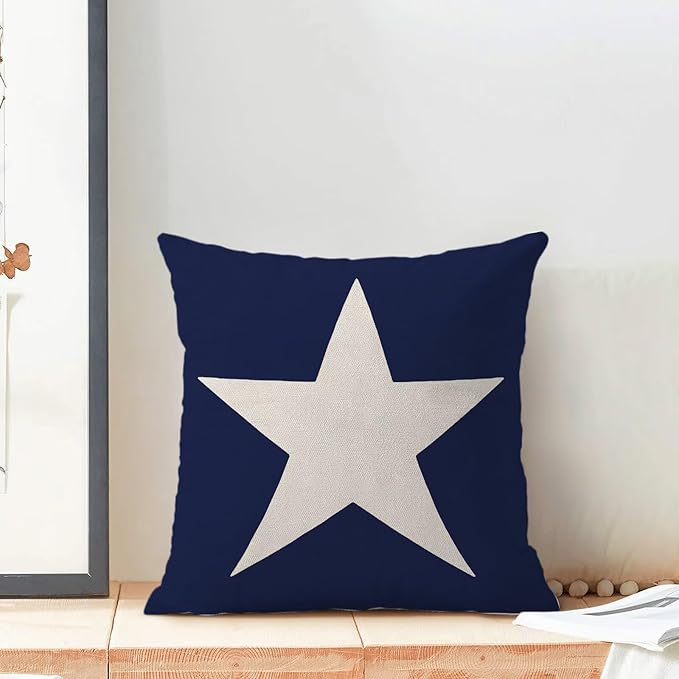 BETGINY 4th of July Pillow Covers 20x20 Inch Set of 2, Memorial Day Independence Day Blue Star Decorations Throw Pillow Covers Linen Farmhouse Patriotic Cushion Case for Couch Sofa Home Outdoor Decor