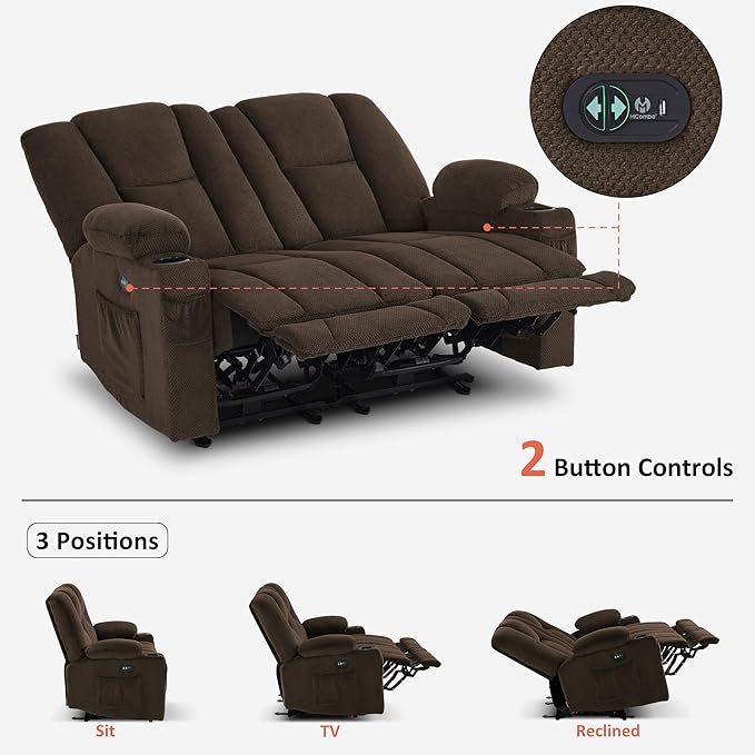 MCombo 57.8" Zero Gravity Power Loveseat Sofa with Heat and Massage, Reclining Loveseat Recliner for Living Room, Fabric 6035SET (Brown)