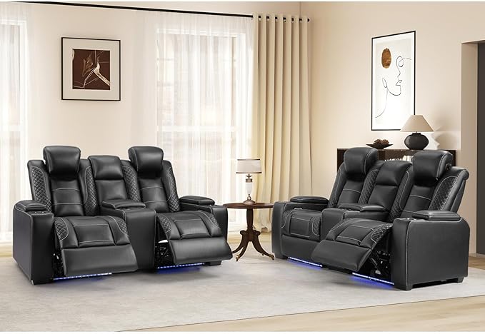 ANJ Power Reclining Loveseat, 2 PCS Reclining Loveseat with Center Console,LED Lights,USB,Storage, Faux Leather Living Room Furniture for Home Theater, Small Spaces & RV (Black)