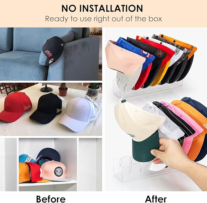 HAYVAN Hat Stand for Baseball Caps Display and Organizer - No Install Hat Organizer 2 Pack Holds 14 Baseball Caps for Closet, Bedroom, Dresser(Frosted clear acrylic)
