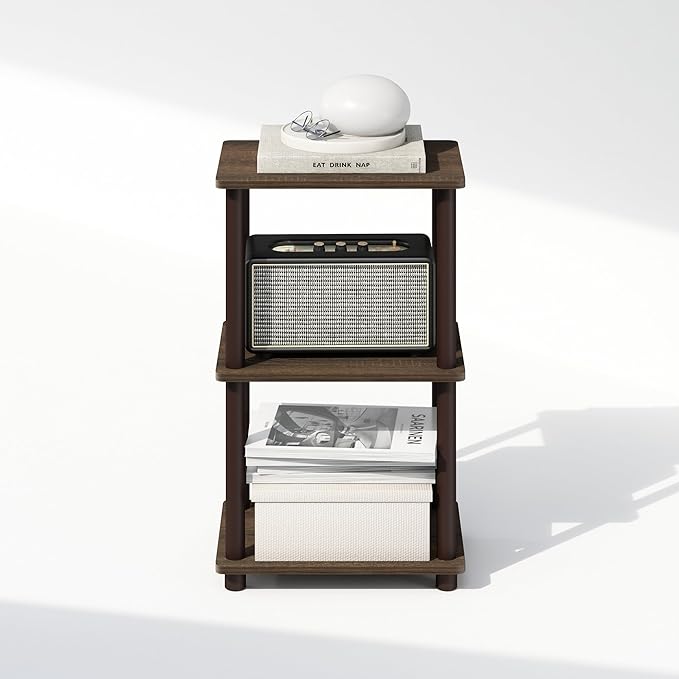 Furinno Turn-N-Tube Side Table, 2-Tier End Table with Open Shelf, Easy Assembly Night Stand, Bedside Table with Round Tube, for Living Room, Bedroom, Walnut