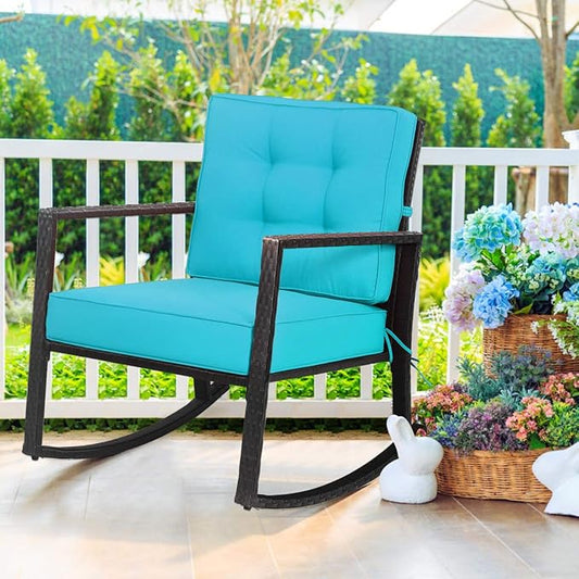 Tangkula Wicker Rocking Chair, Outdoor Glider Rattan Rocker Chair with Heavy-Duty Steel Frame, Patio Wicker Furniture Seat with 5” Thick Cushion for Garden, Porch, Backyard, Poolside (2, Turquoise)