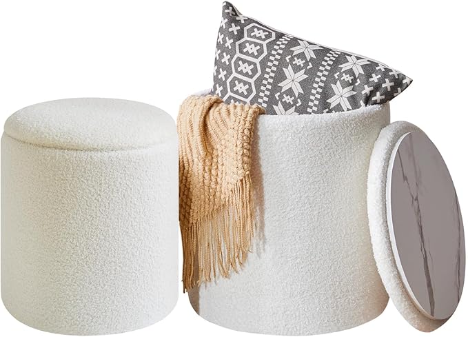 IBUYKE Storage Ottoman Set of 2 Round Ottoman Fleece Vanity Stool with Storage Velvet Footrest Stool End Table Boucle Ottoman for Home Organization UWBD015W