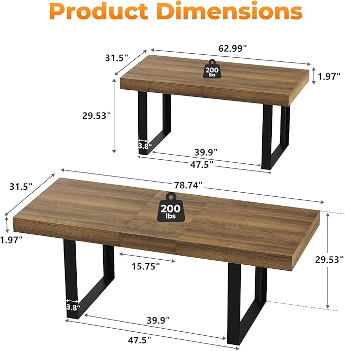 63"-78.7" Expandable Dining Table, 6-8 Extendable Dining Table, Rectangle Conference Table, Farmhouse Kitchen Table with Slide Track, Tapered U-Shaped Wood Legs for Office, Living Room-Brown