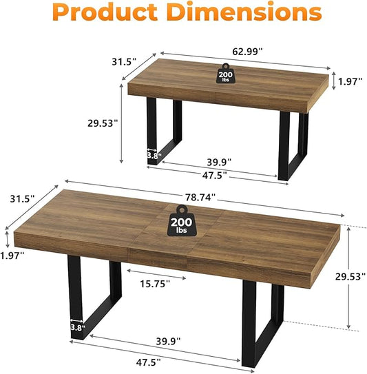 63"-78.7" Expandable Dining Table, 6-8 Extendable Dining Table, Rectangle Conference Table, Farmhouse Kitchen Table with Slide Track, Tapered U-Shaped Wood Legs for Office, Living Room-Brown